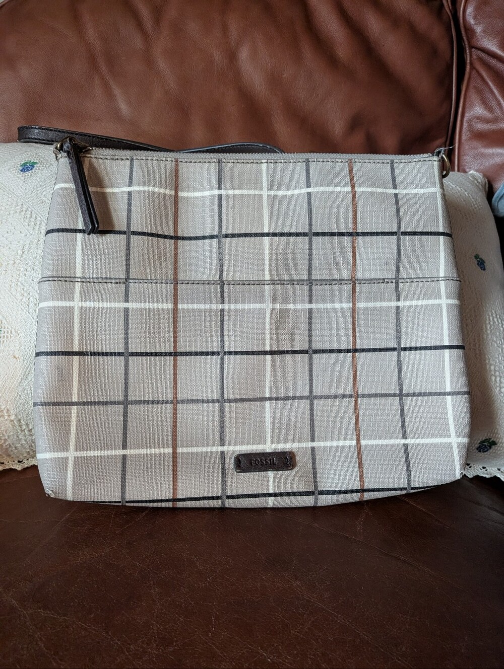 Fossil Beige Plaid Crossbody with Brown and Black Accents